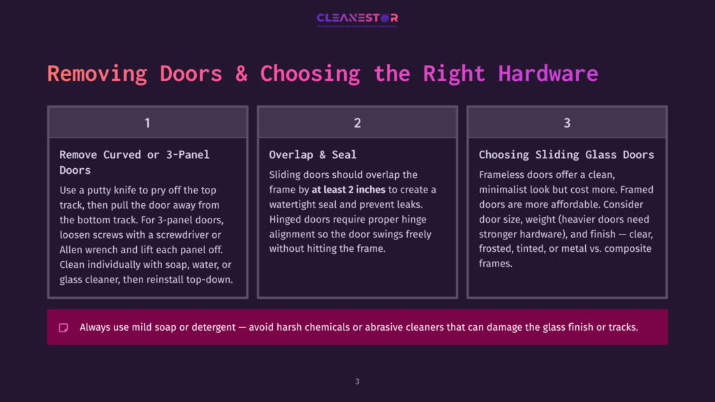 A Graphic Explaining How To Remove Doors And Choose The Right Hardware, With Three Steps: 1. Remove Curved Or 3-Panel Doors, 2. Overlap &Amp; Seal, And 3. Choosing Sliding Glass Doors. The Graphic Also Includes A Warning About Using Mild Soap Or Detergent.