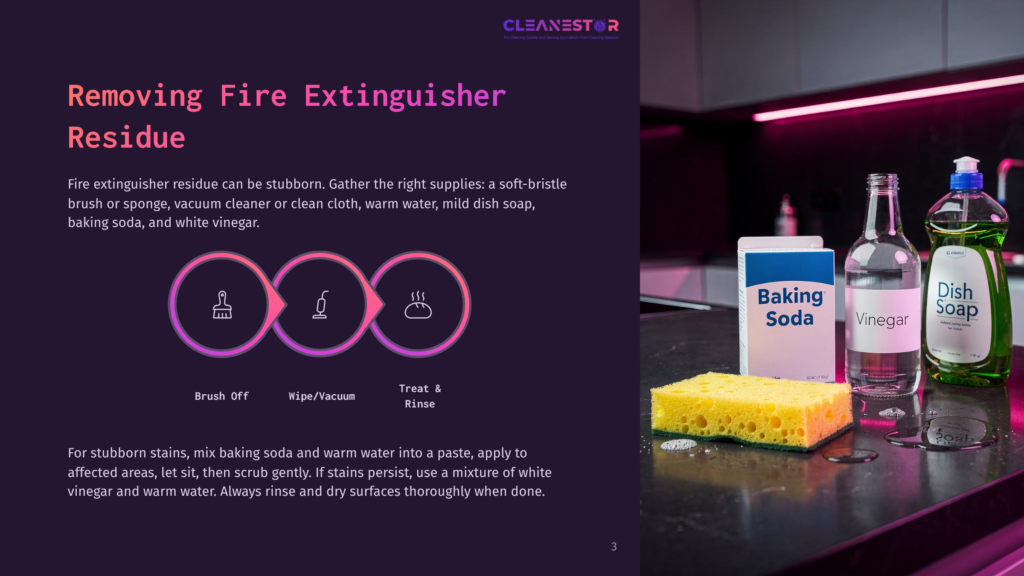 A Kitchen Counter With Cleaning Supplies, Including A Box Of Baking Soda, A Bottle Of Dish Soap, And A Bottle Of Vinegar, Next To A Yellow Sponge. Text Overlay Reads &Quot;Cleanestar&Quot; And &Quot;Removing Fire Extinguisher Residue&Quot;.