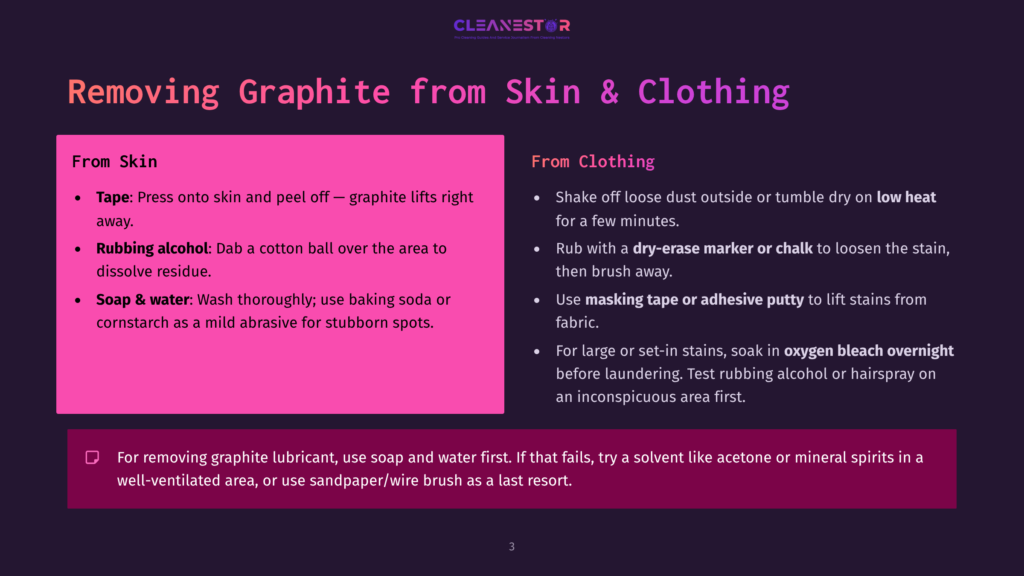 3 Removing Graphite From Skin And Clothing Presentation Slide Titled &Quot;Removing Graphite From Skin &Amp; Clothing&Quot; With Instructions For Stain Removal Using Tape, Rubbing Alcohol, Soap &Amp; Water, And Dry-Erase Marker Or Adhesive Putty.
