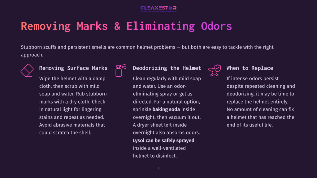 Diagram With Text On Removing Marks And Eliminating Odors From Helmets. Includes Sections On Surface Marks, Deodorizing, And When To Replace.