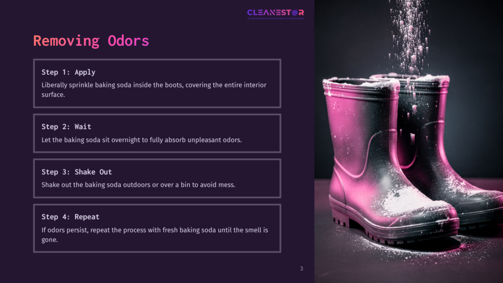 A Pair Of Pink And Black Boots On A Black Surface With White Powder, Representing The Steps To Remove Odors With Baking Soda.