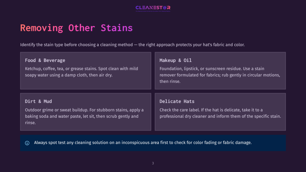 3 Removing Other Stains A Dark Purple Background With The Cleanestor Logo At The Top. Below, &Quot;Removing Other Stains&Quot; Is Written In Large White Text. Four Boxes With White Text Describe How To Remove Different Types Of Stains: &Quot;Food &Amp; Beverage,&Quot; &Quot;Dirt &Amp; Mud,&Quot; &Quot;Makeup &Amp; Oil,&Quot; And &Quot;Delicate Hats.&Quot; A Warning Icon And Text About Testing Cleaning Solutions Are At The Bottom.