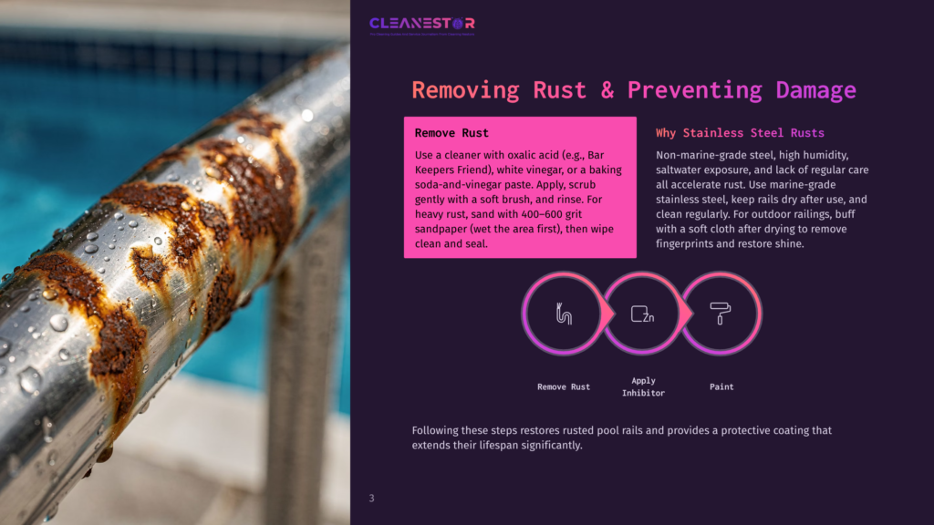 Close-Up Of A Rusty Stainless Steel Pool Handrail With Water Droplets, Next To A Page With Instructions On Removing Rust And Preventing Damage.