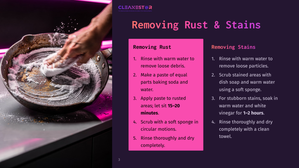 Close-Up Of A Person'S Hands Scrubbing A Cast Iron Pan With A White Sponge And White Foam, Removing Rust And Stains. The Pan Is On A Dark Surface With Pink Lighting.