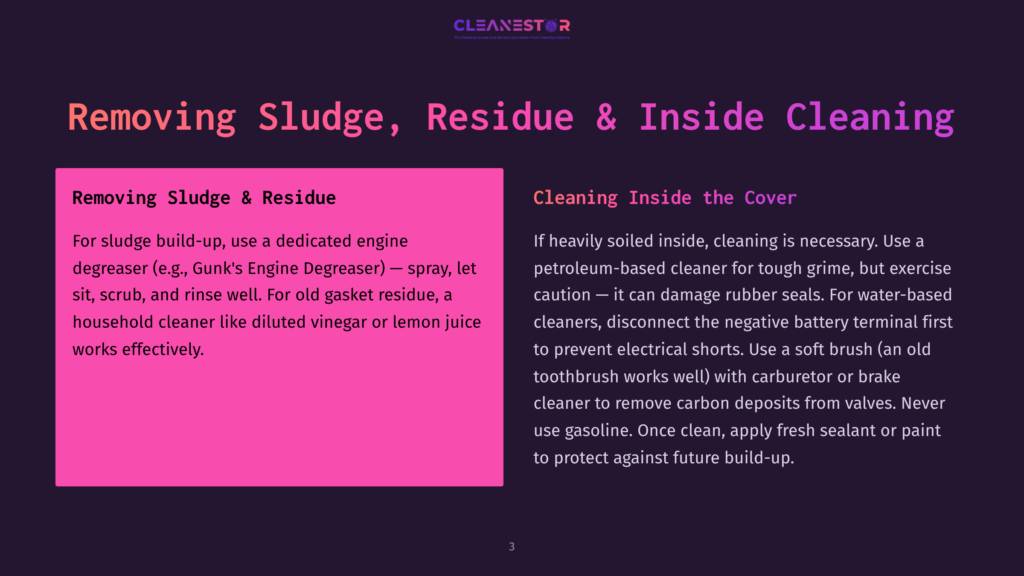 A Pink And Blue Infographic With Text On The Topic Of Removing Sludge, Residue, And Cleaning Inside The Cover. The Image Includes Two Sections With Text Boxes On Either Side, Discussing The Removal Of Sludge Build-Up And Residue, As Well As Cleaning The Inside Of The Cover.