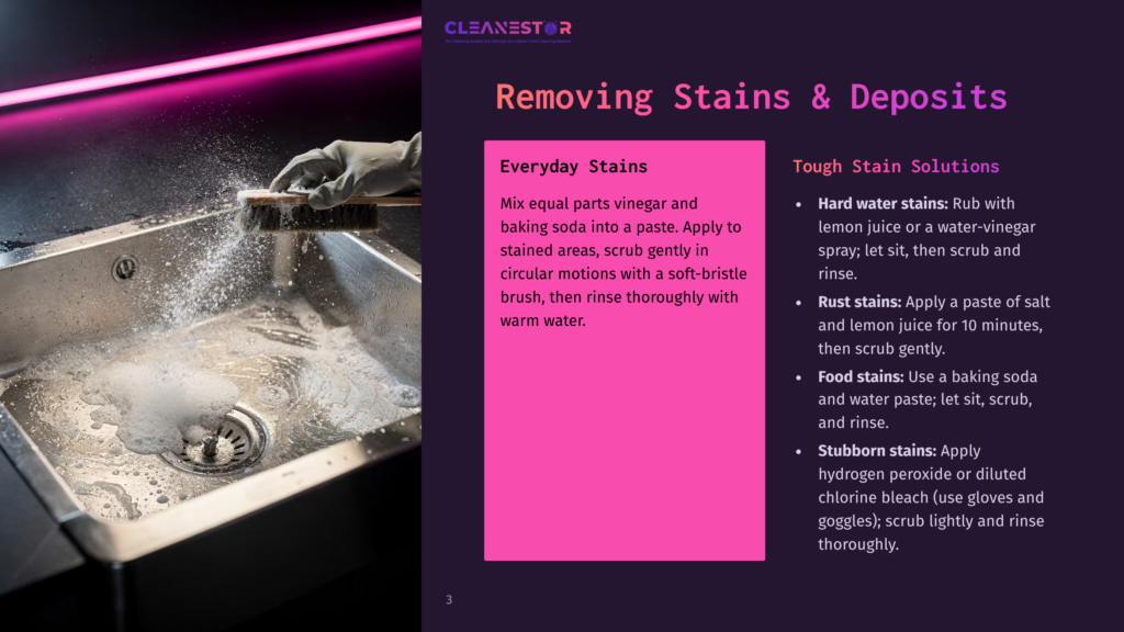 A Gloved Hand Scrubs A Stainless Steel Sink With A Stiff Brush, Creating A Foamy Lather. Text Overlay Reads &Quot;Cleanestor Removing Stains &Amp; Deposits&Quot; And Provides Cleaning Tips.