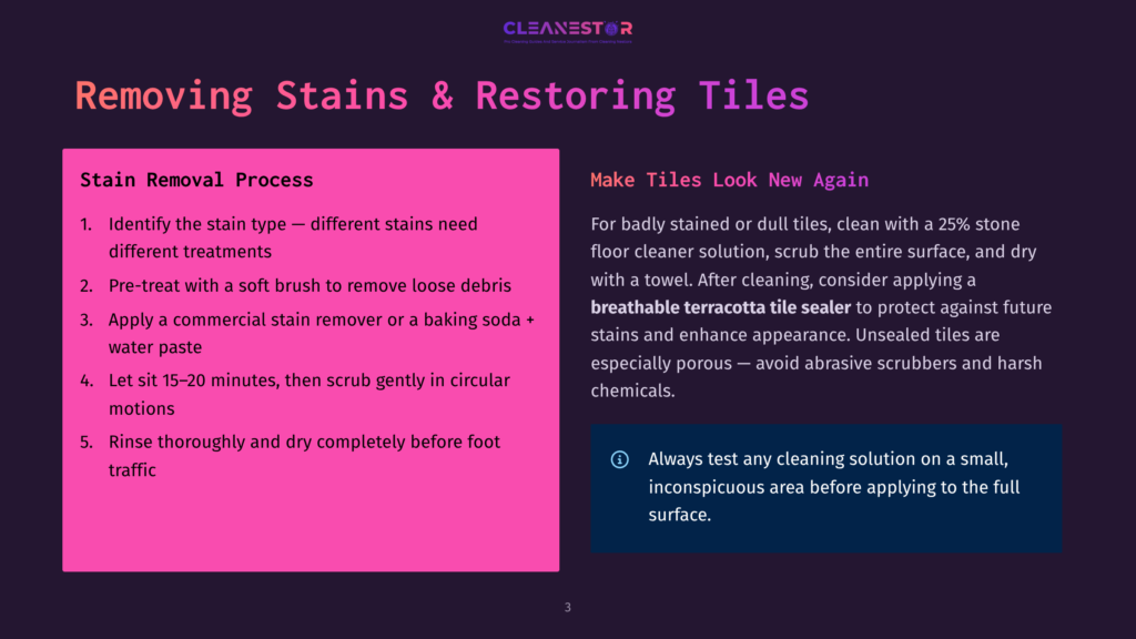 A Graphic Titled &Quot;Removing Stains &Amp; Restoring Tiles&Quot; With A Step-By-Step Stain Removal Process And Tips For Making Tiles Look New Again, Including A Warning About Protecting Terracotta Tile Sealers.