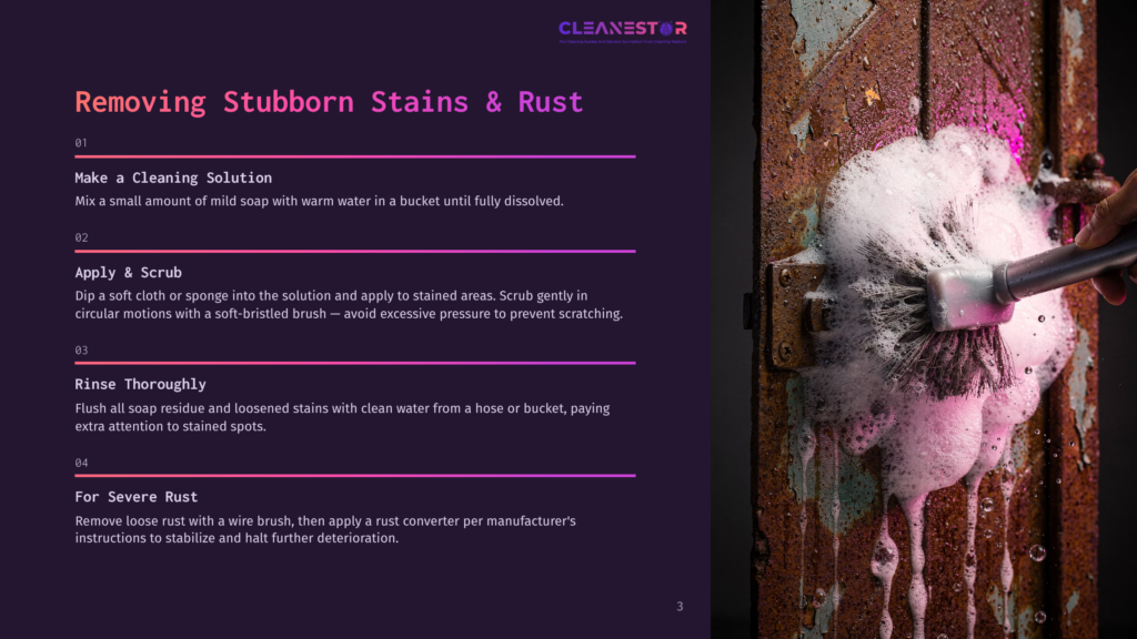 A Hand Scrubs A Rusty Metal Surface With A Stiff Brush, Creating A Thick Lather Of Pink Cleaning Solution. The Text &Quot;Cleanestor Removing Stubborn Stains &Amp; Rust&Quot; Is Visible.