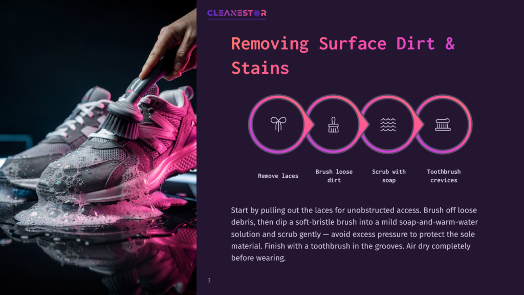 A Person Is Cleaning A Gray And Pink Sneaker With A Brush And Soap Suds. The Image Shows A Step-By-Step Guide To Removing Surface Dirt And Stains From Shoes.