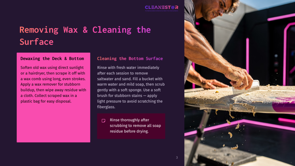 A Man Uses A Brush To Remove Wax From A Surfboard, With Instructions For Removing Wax And Cleaning A Surfboard Displayed On A Pink And Purple Background.
