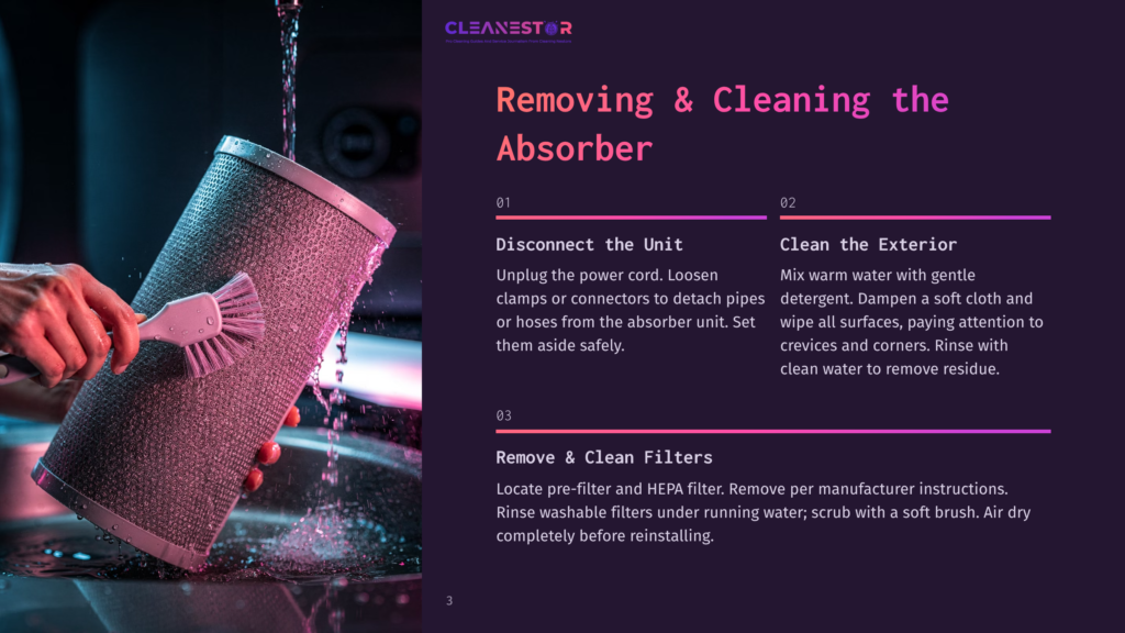 3 Removing And Cleaning The Absorber A Hand Holds A White Brush Over A Purple Cylindrical Object, Possibly An Air Purifier, With Water Flowing Over It, Set Against A Purple Background. Nearby Text Explains The Process Of Removing And Cleaning The Absorber, Emphasizing The Use Of Warm Water And Gentle Detergent.