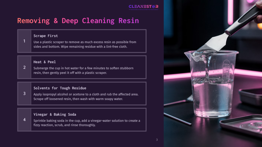 3 Removing And Deep Cleaning Resin Instructions For Removing And Deep Cleaning Resin From A Plastic Scraper, Featuring Steps Like Scraping, Heating, Using Solvents, And Baking Soda. A Beaker Of Clear Liquid Is Visible.