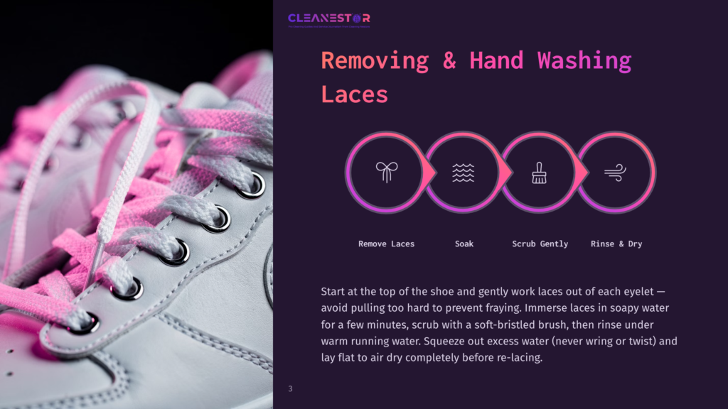 A Pair Of Pink And White Sneakers With Laces Displayed On A Purple Background. Icons For Removing Laces, Soaking, Scrubbing Gently, And Rinsing And Drying Are Shown. The Text Reads: &Quot;Start At The Top Of The Shoe And Gently Work Laces Out Of Each Eyelet.