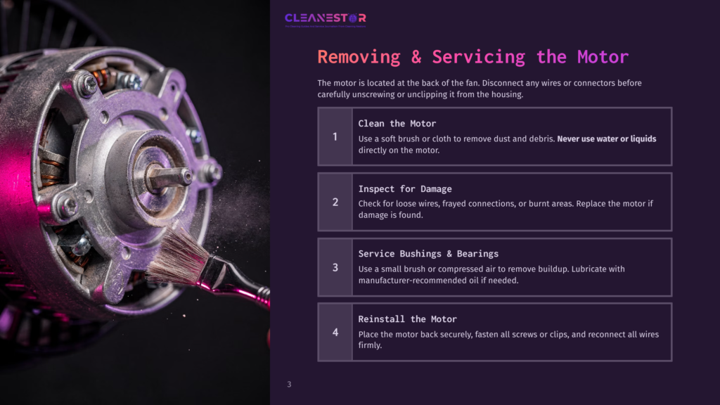 Close-Up Of An Electric Motor With A Brush Cleaning Dust From Its Components, Set Against A Dark Background. The Image Includes Text About Removing And Servicing The Motor, With Steps Like &Quot;Clean The Motor&Quot; And &Quot;Inspect For Damage.