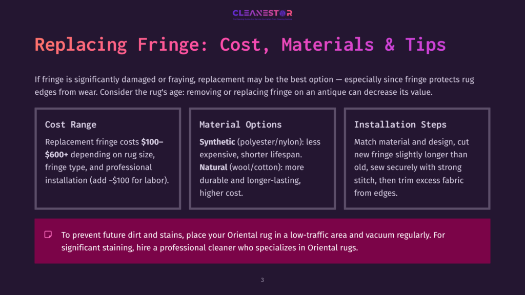 Graphic With Text About Replacing Rug Fringe: Cost Range, Material Options (Synthetic, Natural), And Installation Steps. Includes A Tip About Preventing Future Dirt And Stains.