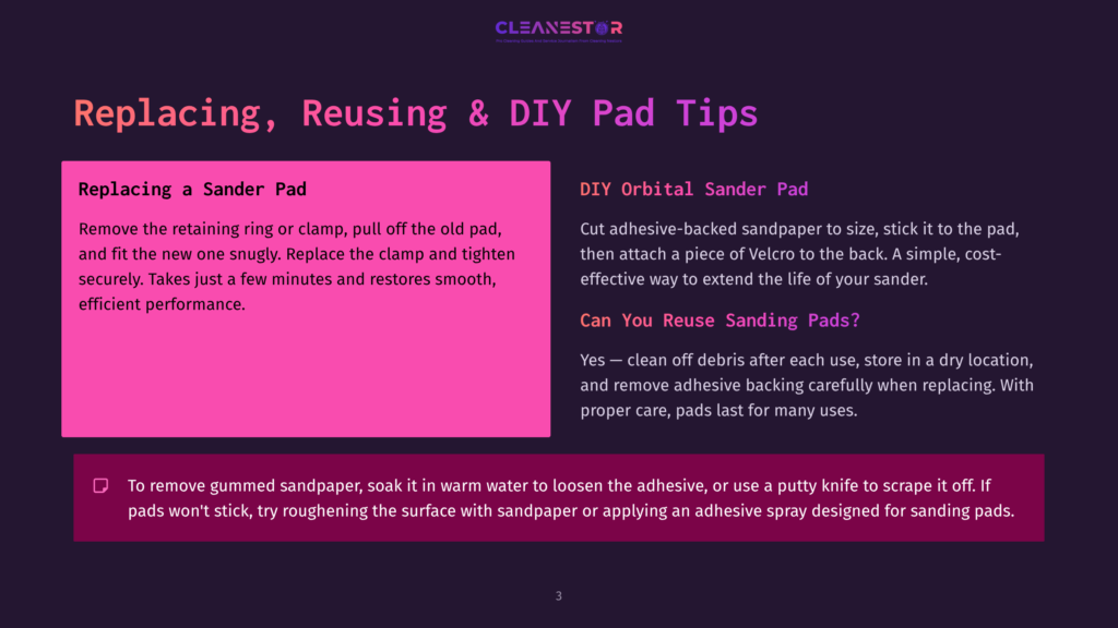 Cleanestor Diy Pad Tips: Replacing A Sander Pad And Reusing Sanding Pads. Instructions For Replacing A Sander Pad And Reusing Sanding Pads Are Displayed On A Purple Background With Pink And White Text Boxes.