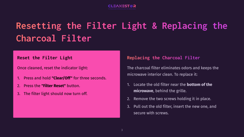 Resetting The Filter Light And Replacing The Charcoal Filter On A Cleanestor Appliance. The Text Guides Users Through The Process With Clear Steps.