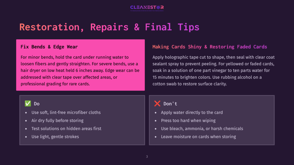 A Pink Informational Graphic Shows Tips For Restoring, Repairing, And Maintaining Playing Cards. It Includes Sections On Fixing Bends And Edge Wear And Making Cards Shiny And Restoring Faded Cards.