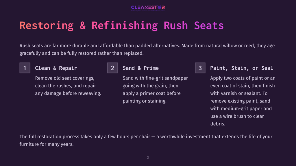 Steps To Restoring Rush Seats: Clean And Repair, Sand And Prime, Paint, Stain, Or Seal. Clean Old Seat Coverings, Sand With Fine-Grit Sandpaper, Apply Coats Of Paint Or Stain.
