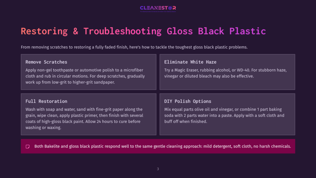 3 Restoring And Troubleshooting Gloss Black Plastic Glossy Black Plastic Restoration Guide With Sections On Removing Scratches, Eliminating White Haze, Full Restoration, And Diy Polish Options.