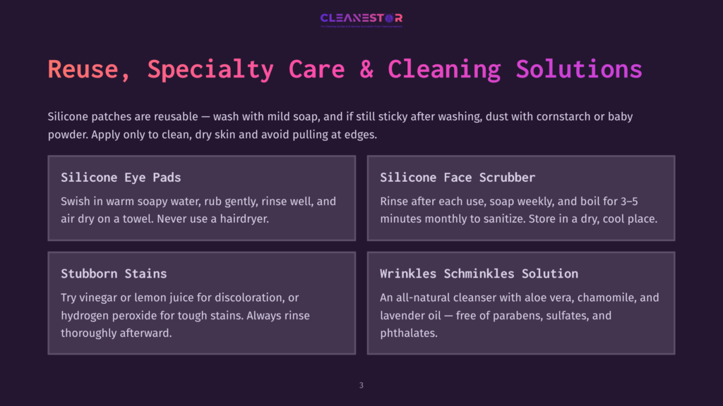 Cleanestor Logo On A Dark Purple Background With Text About Cleaning Solutions: &Quot;Reuse, Specialty Care &Amp; Cleaning Solutions&Quot; And Sections On Silicone Eye Pads, Silicone Face Scrubber, Stubborn Stains, And Wrinkles Schminkles Solution.
