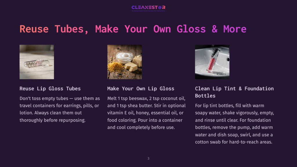 Three Panels Illustrate Diy Beauty Tips: 1. Clear Lip Gloss Tubes Filled With Product. 2. Ingredients For Homemade Lip Gloss: Beeswax, Coconut Oil, Shea Butter, And Honey. 3. A Pink Lip Tint Bottle With A Clear Applicator Wand.