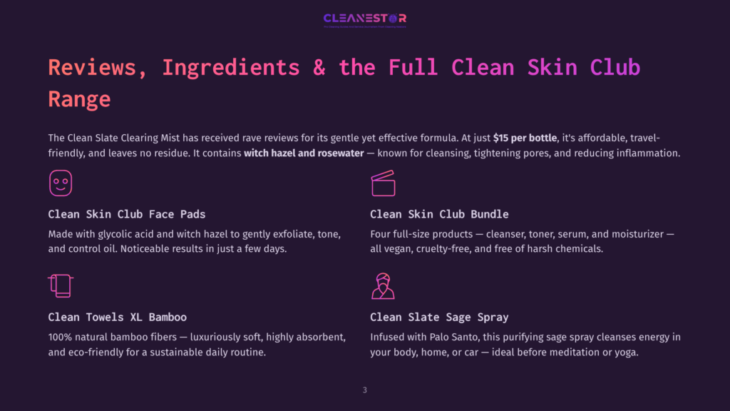 Clean Skin Club Products: Face Pads, Bundle, Towels Xl Bamboo, And Sage Spray, With The Cleanestor Logo And Text Detailing Product Benefits.