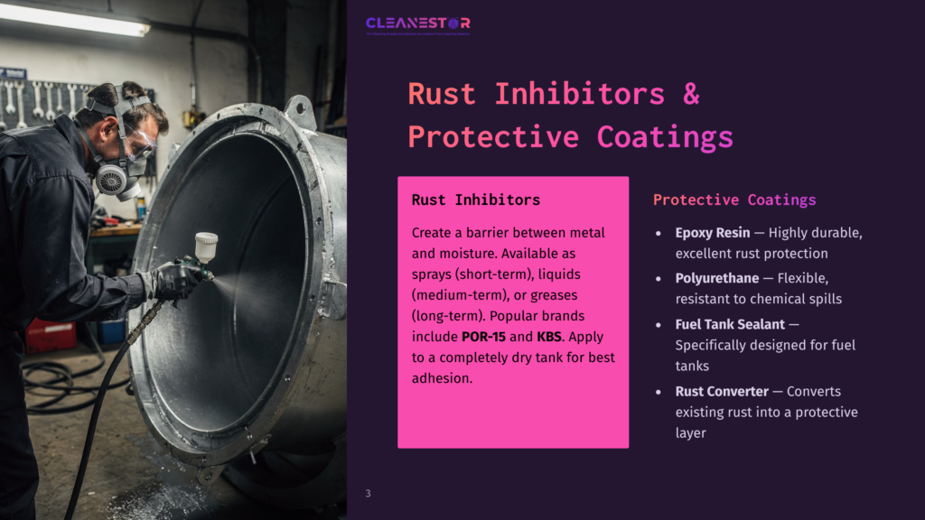 Worker In Respirator Sprays Protective Coating Inside Large Metal Tank, With &Quot;Cleanestor Rust Inhibitors &Amp; Protective Coatings&Quot; Text Visible.