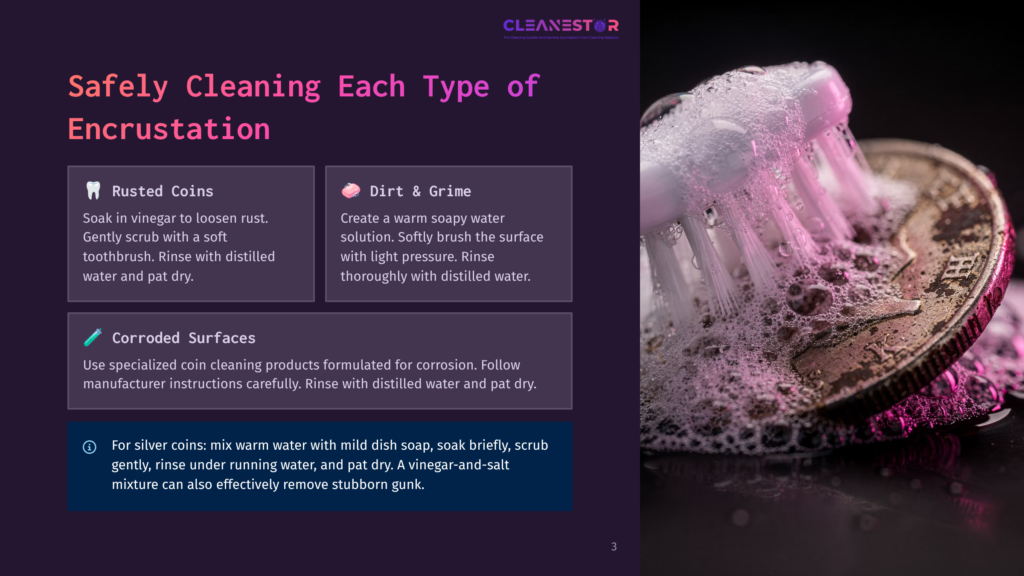 Close-Up Of A Toothbrush With White Bristles Covered In Pink Foam, Scrubbing A Tarnished, Corroded Silver Coin. The Coin Has A Raised Design, And The Foam Is Dripping Down Its Edge Onto A Dark, Wet Surface, Suggesting Coin Cleaning.