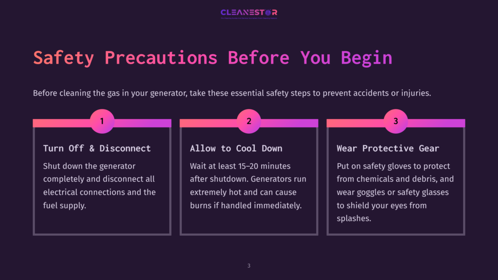 An Infographic Displays Three Safety Steps Before Cleaning Gas In A Generator: 1) Turn Off And Disconnect The Generator Completely, 2) Allow The Generator To Cool Down For 15-20 Minutes, 3) Wear Protective Gear Such As Gloves And Safety Glasses.