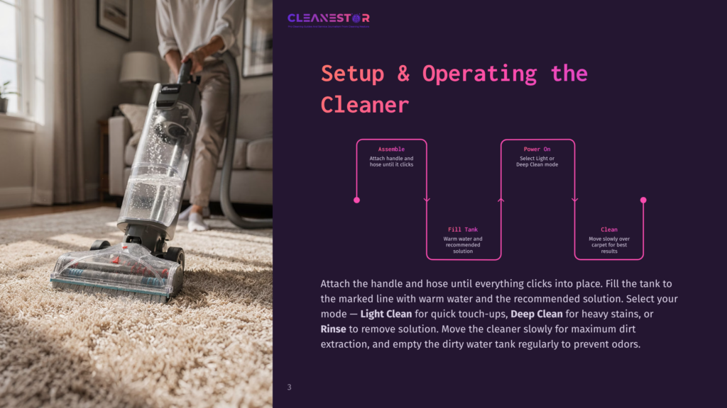 Cleanestor Setup And Operating Instructions: A Person Uses A Carpet Cleaner On A Plush Beige Carpet, With Instructions For Assembly, Filling The Tank, And Power Settings Displayed.