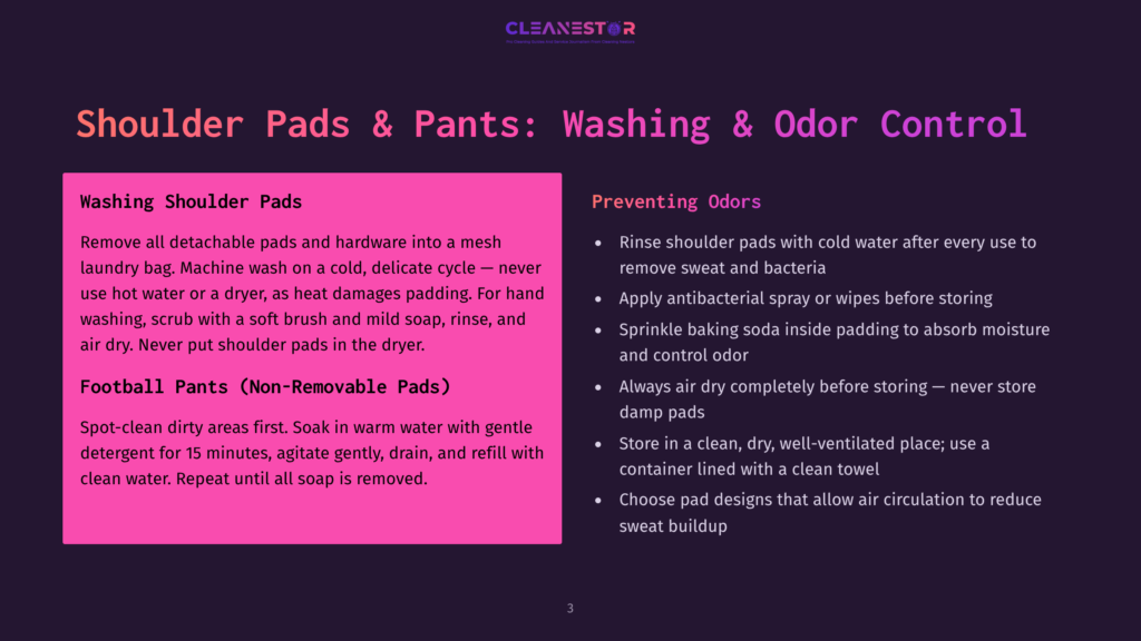 Cleaning Instructions For Shoulder Pads And Pants, Including Washing And Odor Control Methods. Text Details Machine Washing, Hand Washing, And Preventing Odors With Baking Soda And Antibacterial Spray.