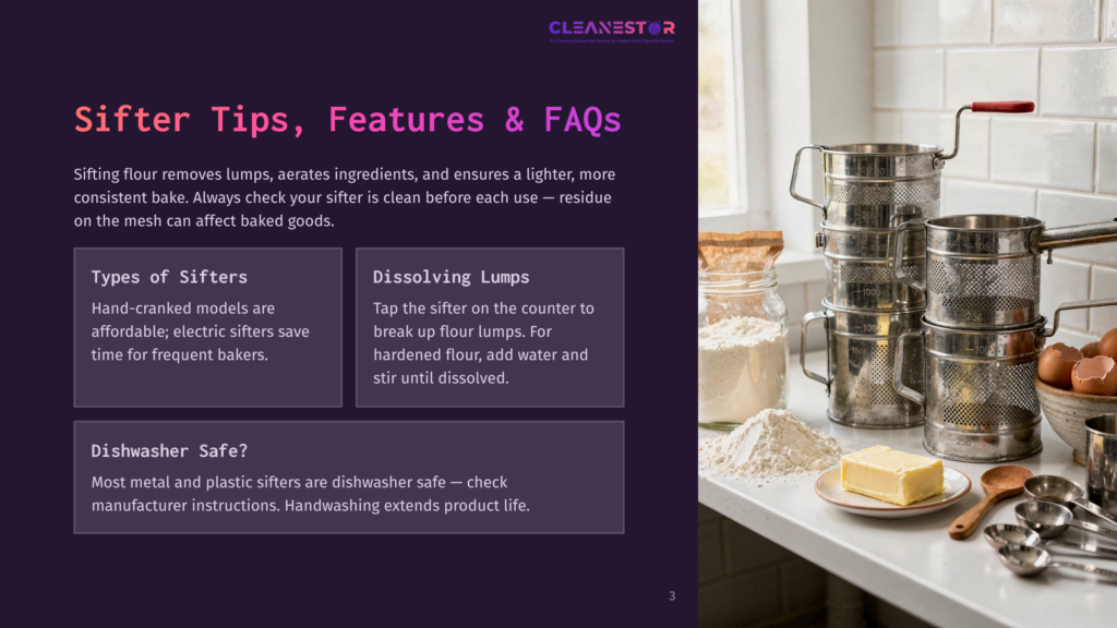 A Kitchen Scene With Baking Ingredients, Featuring A Stack Of Metal Flour Sifters, A Butter Dish, And Eggs On A White Countertop. Text Overlays Include &Quot;Cleanestor&Quot; And &Quot;Sifter Tips, Features &Amp; Faqs.