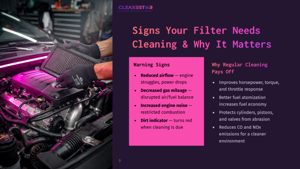 Mechanic Wearing Black Gloves Inspects A Dirty Car Air Filter, Highlighting The Need For Filter Cleaning To Improve Engine Performance And Fuel Economy. Text On Screen Reads &Quot;Signs Your Filter Needs Cleaning &Amp; Why It Matters&Quot;.