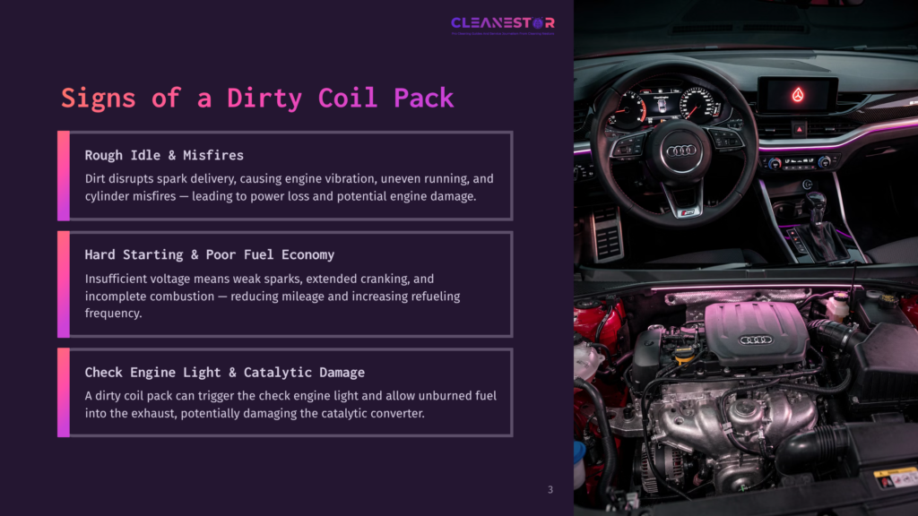 Signs Of A Dirty Coil Pack&Quot; Title Card With Three Bullet Points Detailing Engine Issues, Next To A Split Image Of A Car'S Interior And Engine Bay.