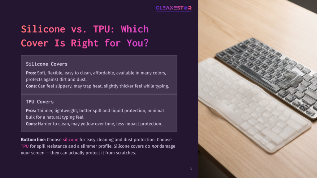 A Close-Up Shot Shows Two Keyboard Covers, One White Silicone And One Clear Tpu, Laid Out On A Wooden Desk Next To A Clear Keyboard. The Text &Quot;Cleanestor&Quot; Is Visible At The Top Of The Image.