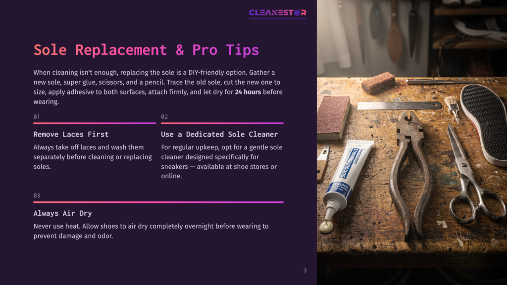 3 Sole Replacement And Pro Tips A Workbench Displays Shoe Repair Tools: Pliers, Scissors, Sandpaper, And A Tube Of Shoe Glue, With A Shoe Sole In The Background.