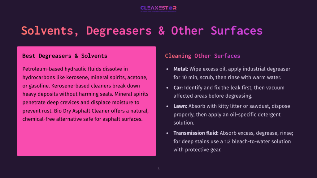 A Graphic Split Into Two Sections, With Text About The Best Degreasers And Solvents On The Left And Cleaning Other Surfaces On The Right.
