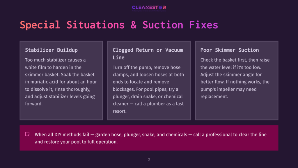 Diagram Outlining Special Situations And Suction Fixes For Pool Cleaning, Including Stabilizer Buildup, Clogged Return Or Vacuum Line, And Poor Skimmer Suction. Text Also Advises Against Diy Methods For Pool Repair.