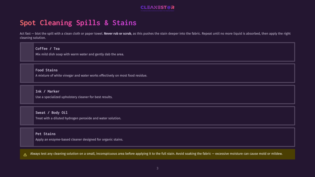 A Cleanestor Infographic Titled &Quot;Spot Cleaning Spills &Amp; Stains&Quot; Lists Methods For Removing Coffee, Tea, Food, Ink, Marker, Sweat, Body Oil, And Pet Stains From Upholstery.