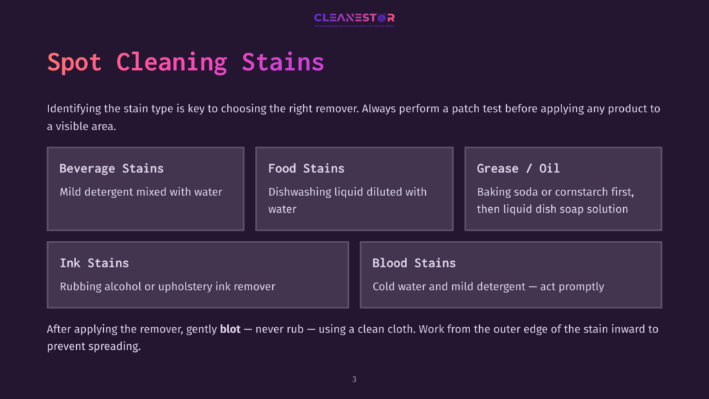 3 Spot Cleaning Stains Infographic Detailing Spot Cleaning Stains: Beverage, Food, Grease/Oil, Ink, And Blood Stains, With Cleaning Recommendations For Each.