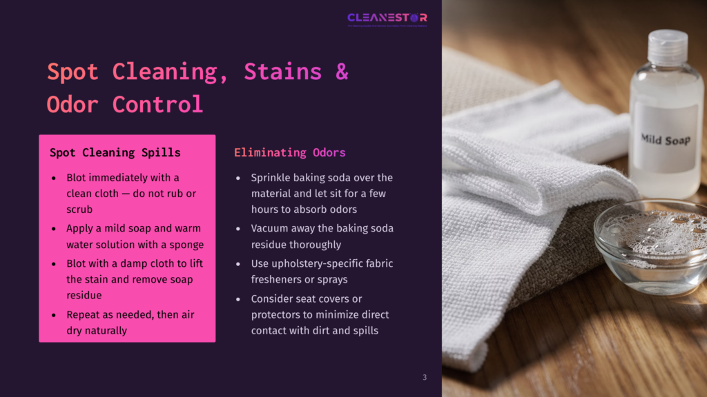 3 Spot Cleaning Stains And Odor Control A Bottle Of Cleaning Solution And A Bowl Of Soapy Water Sit On A Textured Cloth, Next To A Stack Of White Towels. Text Overlays Provide Cleaning Tips For Spot Cleaning, Stain Removal, And Odor Control.