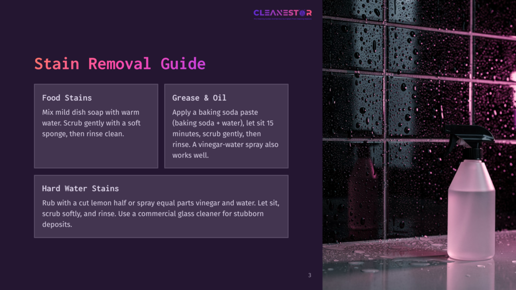 A Dark Purple Tiled Wall With Raindrops Dripping, Next To A Bottle Of Cleaning Solution Labeled &Quot;Stain Removal Guide&Quot; With Text Instructions For Removing Food, Grease, And Hard Water Stains.