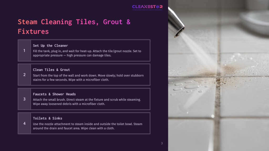 Close-Up Of A Steam Cleaner Nozzle Spraying Water Onto Dirty White Tile Grout. The Steam Cleaning Process Is Illustrated With Water Droplets And Grime Being Dislodged From The Grout Lines.