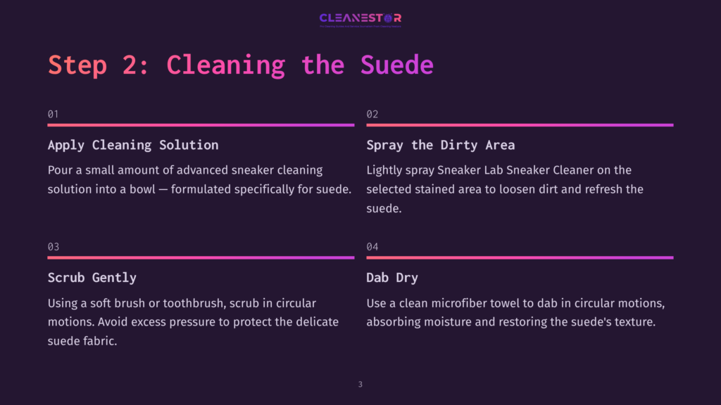 Step 2 Of Sneaker Cleaning: Apply Cleaning Solution Into A Bowl, Spray The Dirty Area With Cleaner, Scrub Gently With A Soft Brush, And Dab Dry With A Microfiber Towel.