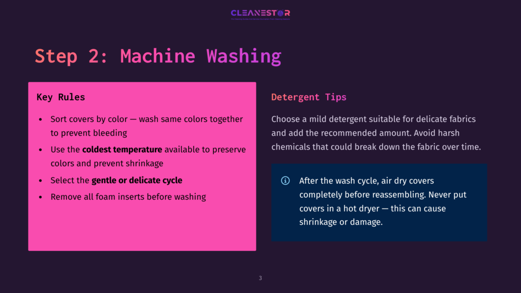 Slide Titled &Quot;Step 2: Machine Washing&Quot; From Cleanestor, Showing &Quot;Key Rules&Quot; For Washing Covers And &Quot;Detergent Tips&Quot; For Delicate Fabrics.