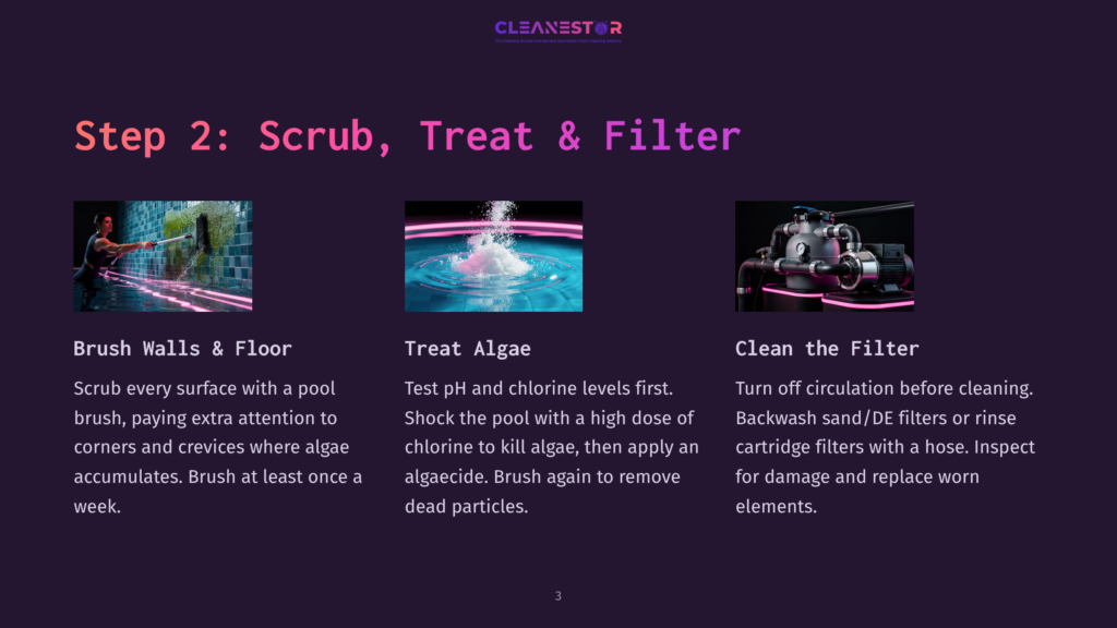 Step 2: Scrub, Treat &Amp; Filter. Images Depict Cleaning Pool Walls And Floor, Adding Pool Chemicals, And Cleaning A Pool Filter.
