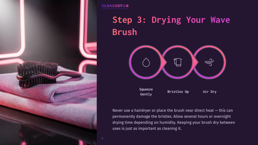 Step 3: Drying Your Wave Brush - A Close-Up Of A Black Wave Brush Resting On A Purple Microfiber Towel, With A Graphic Illustrating Squeeze, Bristles Up, And Air Dry.