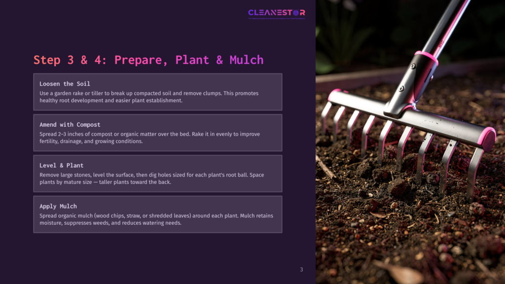 3 Step 3 And 4 Prepare Plant And Mulch Close-Up Of A Garden Rake With Pink Accents, Its Tines Digging Into Dark, Rich Soil, Symbolizing Garden Preparation And Planting.