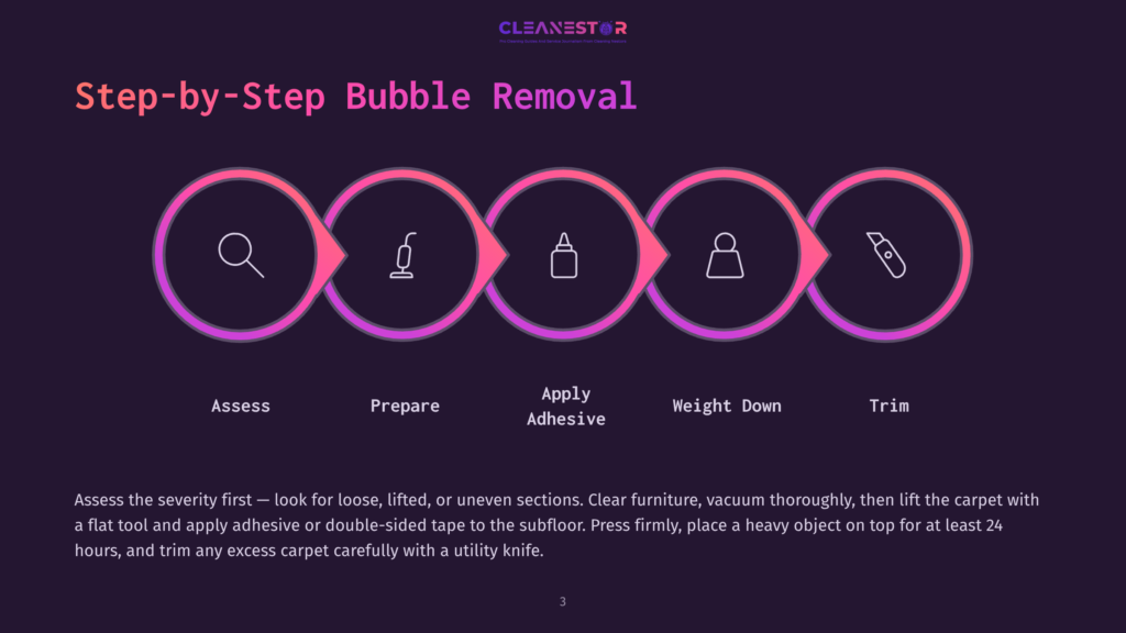 3 Step By Step Bubble Removal A Step-By-Step Guide For Bubble Removal With Five Steps. The Steps Include Assess, Prepare, Apply Adhesive, Weight Down, And Trim. Each Step Has A Corresponding Icon, Such As A Magnifying Glass For Assess, A Vacuum For Prepare, A Bottle For Apply Adhesive, A Scale For Weight Down, And Scissors For Trim.